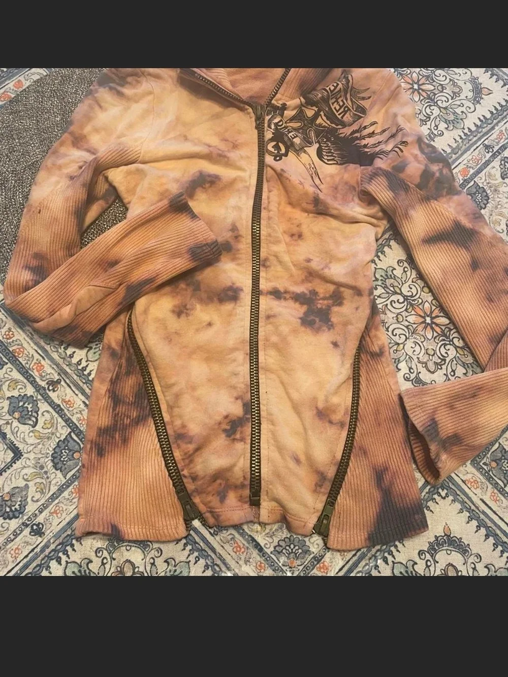 Salvage Tie-Dye Zip-Up Graphic Bomber Jacket in Tan and Purple. L